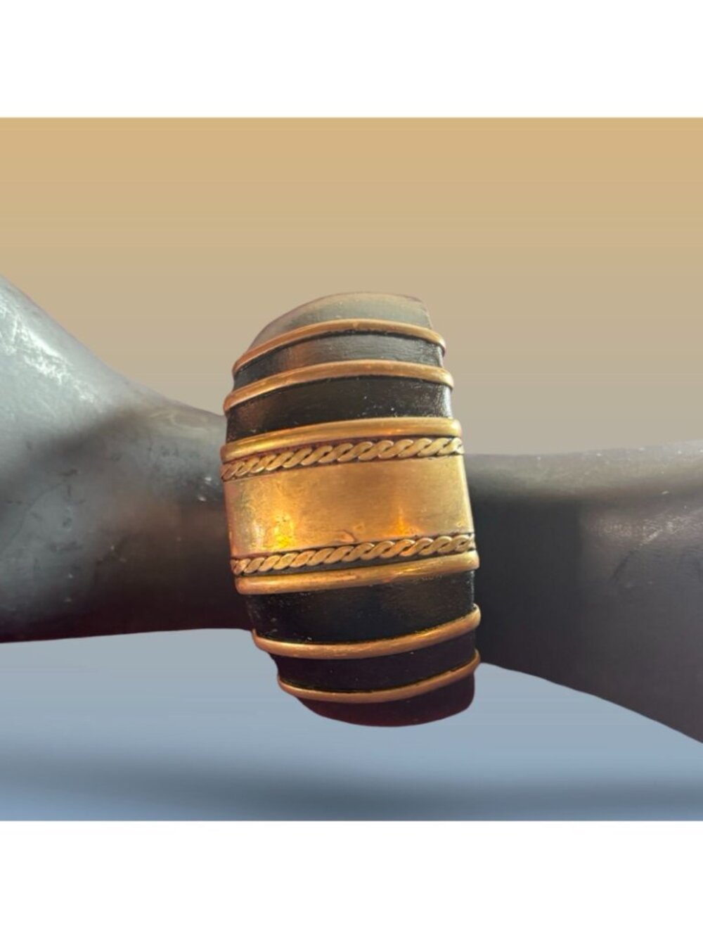 Brass Leather Wide Cuff Bracelet Tribal Inspired Adjustable Open Band Vintage - Picture 6 of 8